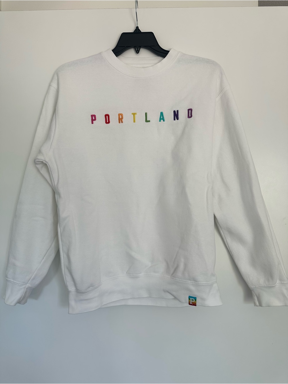 Portland Gear crew neck sweatshirt, white, pride, unisex medium